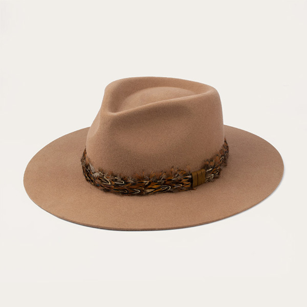 Womens Wool Felt Wide Brim Tan Fedora Hat With Feathered Band